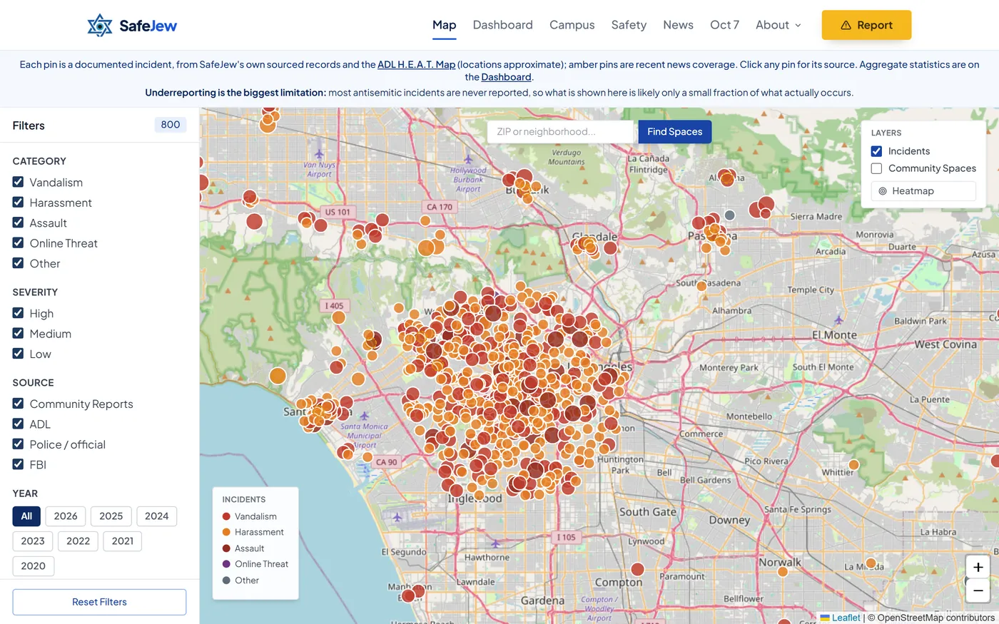 SafeJew's live map of antisemitic incidents across Greater Los Angeles, with filters by category, severity, source and year, and a note that ADL locations are approximate.